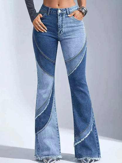 Medium pair of Trendsi frayed hem flare jeans with distressed details and a high-waisted fit, shown on a model.