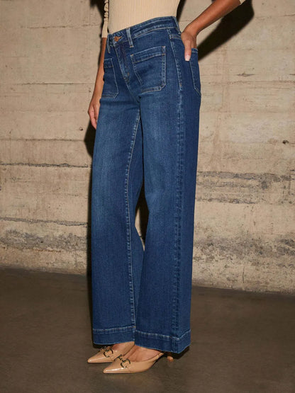Medium shot of Trendsi high-rise wide-leg jeans with front pockets and patch details, showcasing the relaxed fit and denim texture.