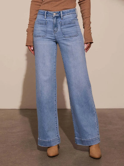 High rise wide-leg jeans with front pockets and patch details from Trendsi, showcasing a casual denim style.