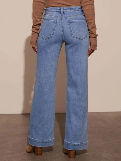 High rise wide-leg jeans with front pockets and patch details from Trendsi, featuring a relaxed fit and classic denim style.
