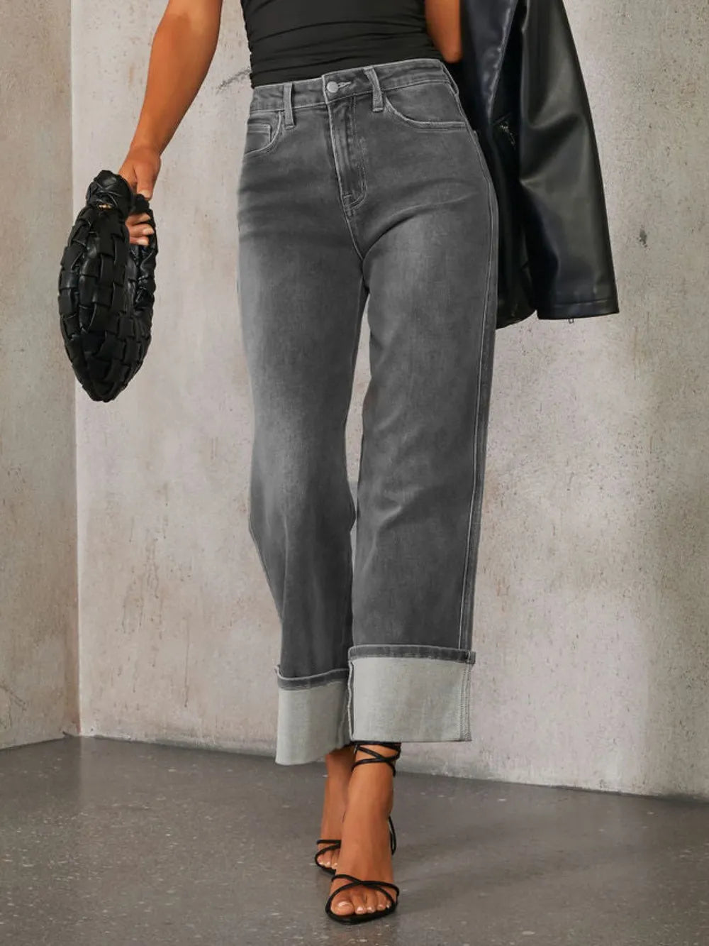 Medium shot of Trendsi high-waisted straight leg rolled jeans showing fit and style on a model.