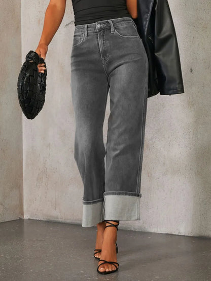 Medium shot of Trendsi high-waisted straight leg rolled jeans showing fit and style on a model.