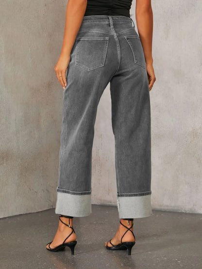 Medium shot of Trendsi high-waisted straight leg rolled jeans, showcasing the fit and classic denim style.