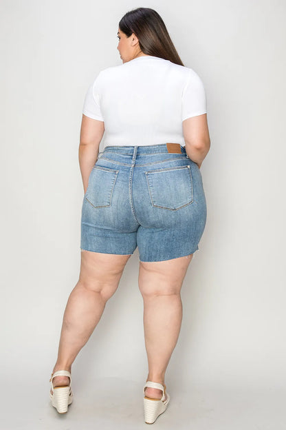 High waist Judy Blue denim shorts with raw hem, full size, trendy casual shorts for women.