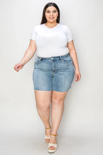 Trendy Judy Blue high waist raw hem denim shorts in full size, featuring a stylish distressed look and relaxed fit.