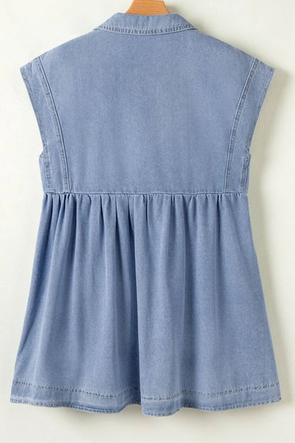 Medium-length denim babydoll dress with lapel collar and cap sleeves, stylishly designed by Trendsi.