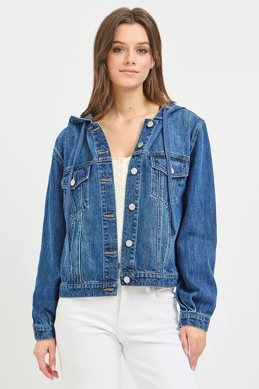 Medium shot of a RISEN Basic Denim Jacket with hoodie by Trendsi, showcasing the classic denim fabric and casual hoodie design.