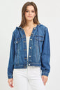 Medium shot of a RISEN Basic Denim Jacket with hoodie by Trendsi, showcasing the classic denim fabric and casual hoodie design.