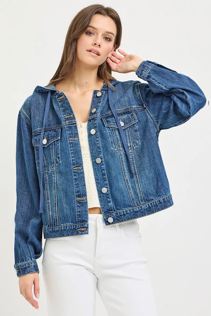 Light blue RISEN Basic Denim Jacket with hoodie from Trendsi, featuring a classic denim design and casual hooded style.