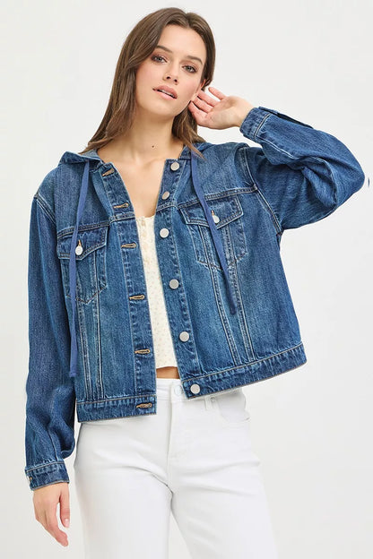 Light blue RISEN Basic Denim Jacket with hoodie from Trendsi, featuring a classic denim design and casual hooded style.