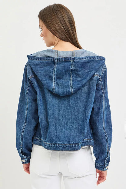 Medium image of a Risen Basic Denim Jacket with Hoodie by Trendsi, featuring classic denim fabric and a comfortable hood.