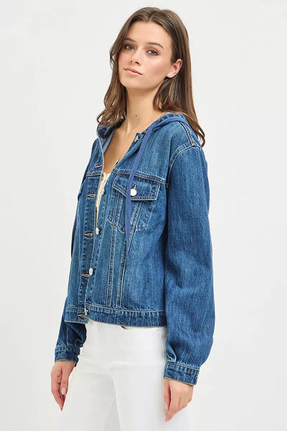Medium shot of Risen Basic Denim Jacket with Hoodie, trendy blue denim jacket with attached hood, casual streetwear style.