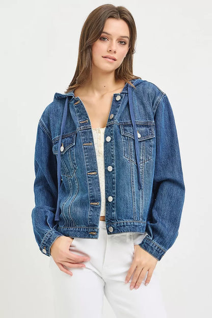 Medium shot of Trendsi Risen Basic Denim Jacket with hoodie, showing its classic blue denim fabric and casual hooded design.