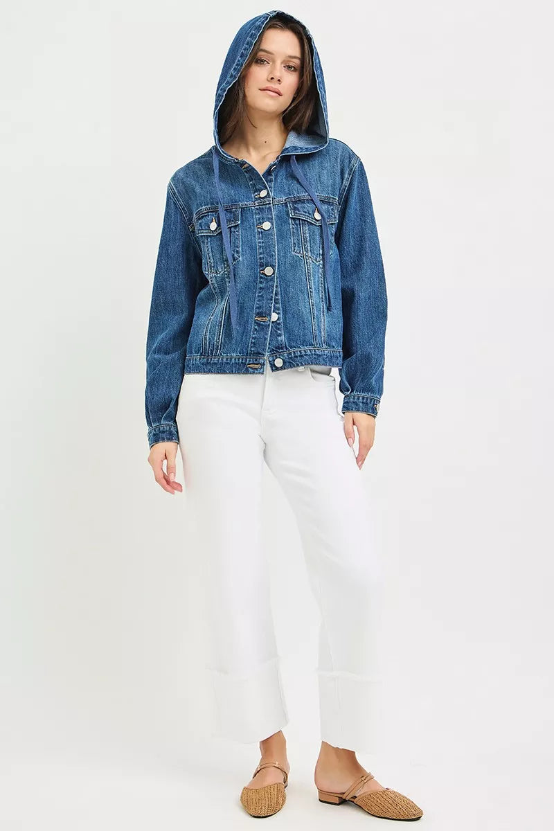 Medium image of a Risen Basic Denim Jacket with Hoodie by Trendsi, showcasing classic denim fabric and a comfortable hoodie design.