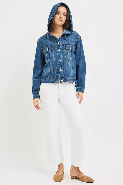 Medium image of a Risen Basic Denim Jacket with Hoodie by Trendsi, showcasing classic denim fabric and a comfortable hoodie design.