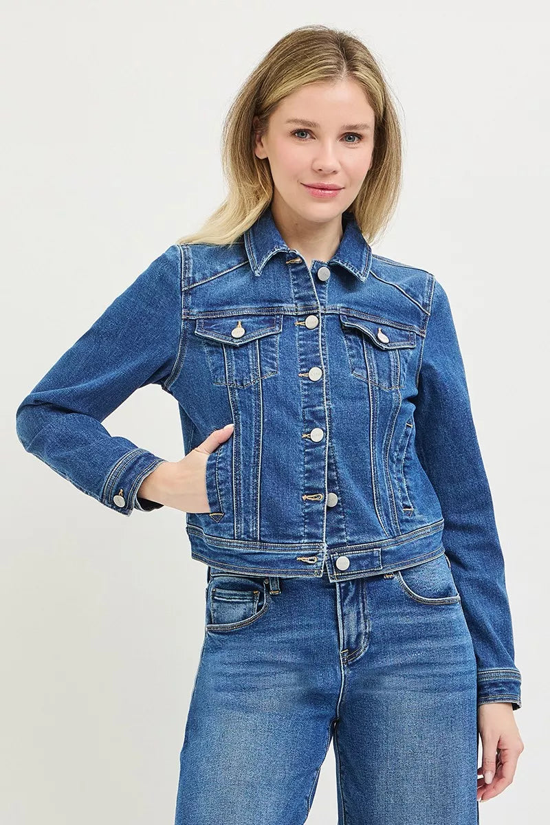 Light blue fitted denim jacket with button-down front and collar, styled casually, by RISEN for Trendsi.