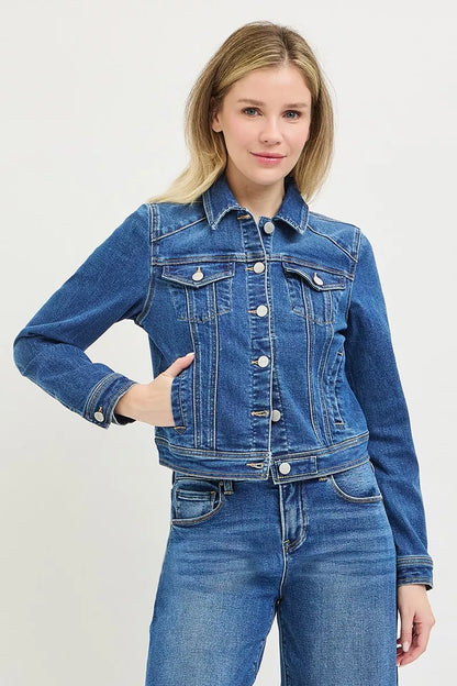 Light blue fitted denim jacket with button-down front and collar, styled casually, by RISEN for Trendsi.