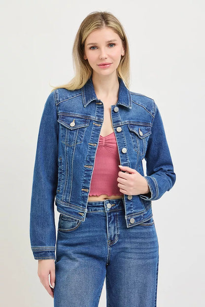 Trendsi RISEN Basic Fitted Button Down Denim Jacket showing classic blue denim with a collar and button front.
