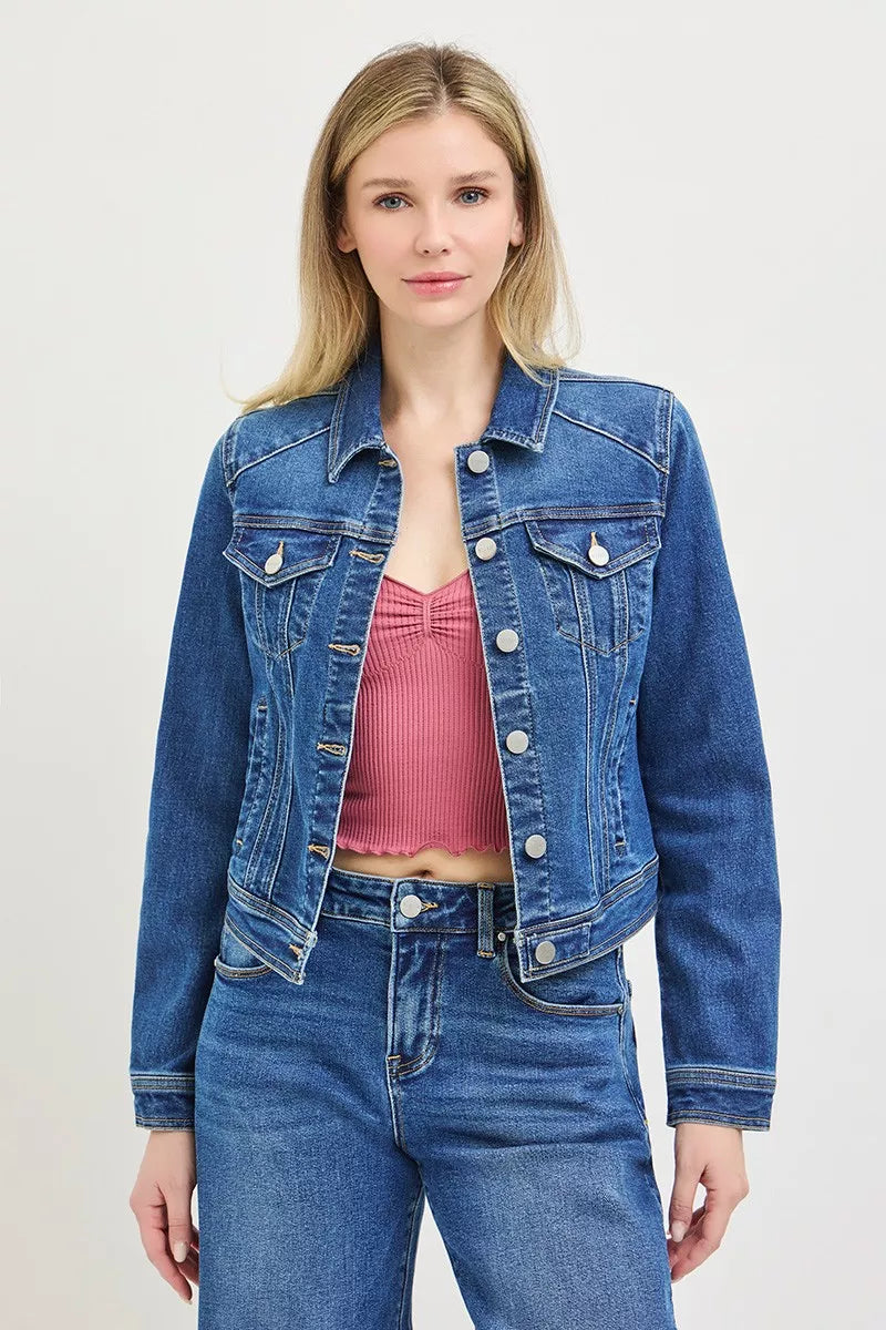 Trendsi RISEN Basic Fitted Button Down Denim Jacket, medium wash with classic collar and front buttons, casual stylish outerwear