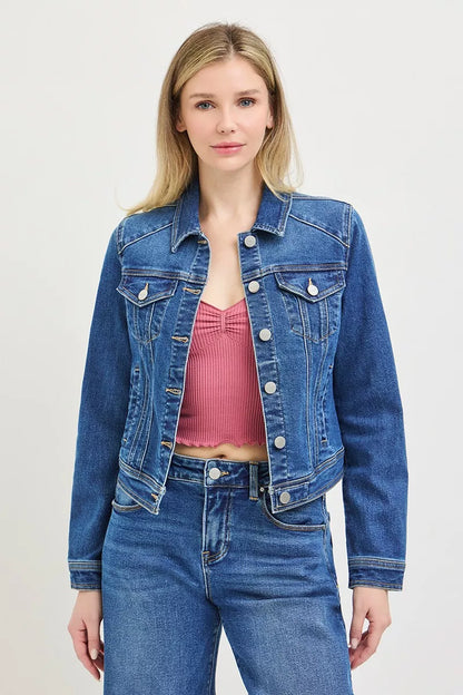 Trendsi RISEN Basic Fitted Button Down Denim Jacket, medium wash with classic collar and front buttons, casual stylish outerwear