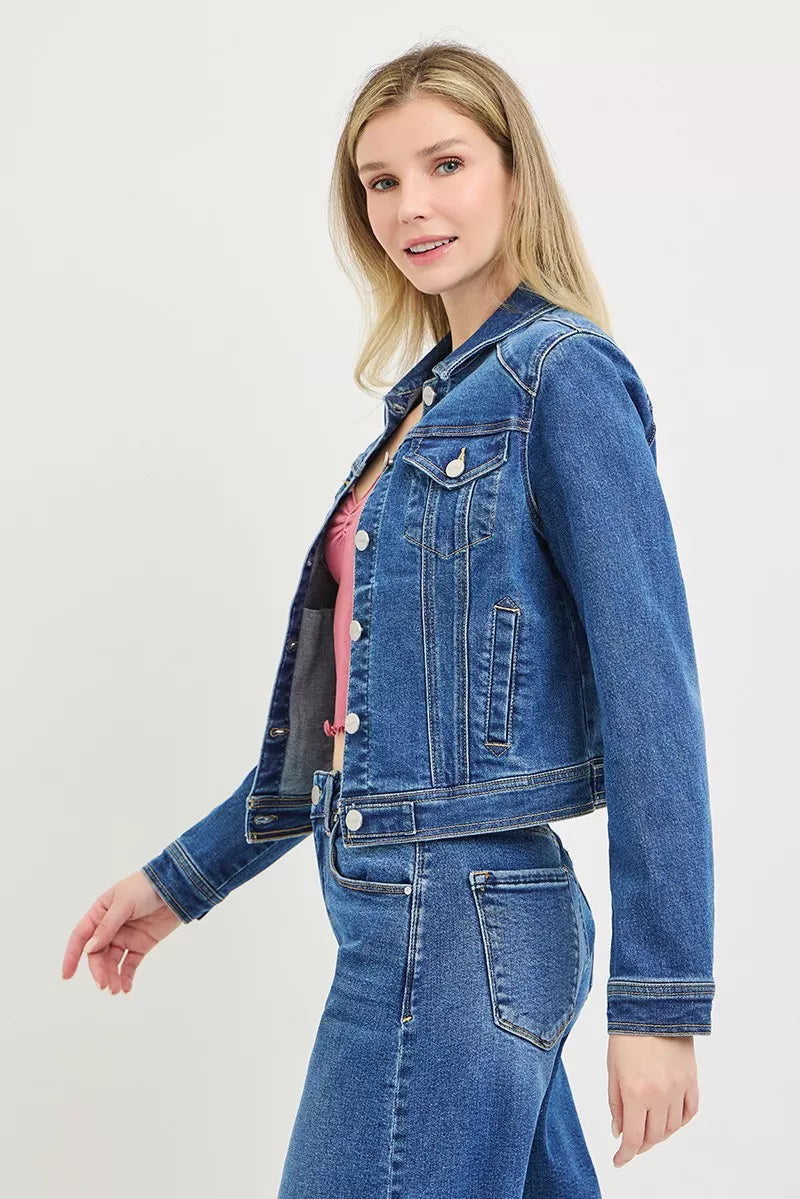 Risen Basic fitted button-down denim jacket by Trendsi, showcasing classic blue denim with front button closure and fitted design.