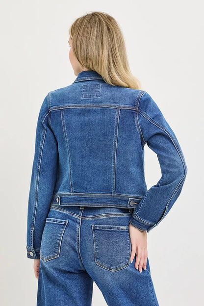 Medium shot of a Trendsi RISEN Basic Fitted Button Down Denim Jacket with classic collar and front button closure.