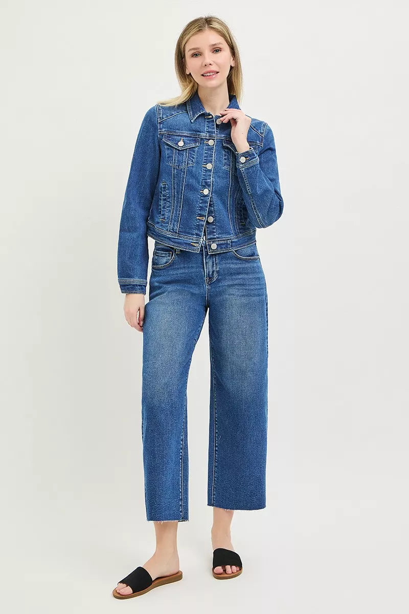 Medium image of a Risen Basic Fitted Button Down Denim Jacket by Trendsi, showcasing the classic denim design and fitted style.