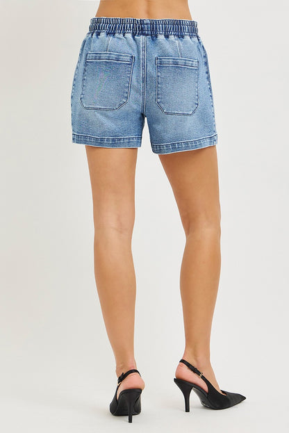 Risen elastic band slouchy denim shorts with star patch details, casual style, trendy blue denim, front view.
