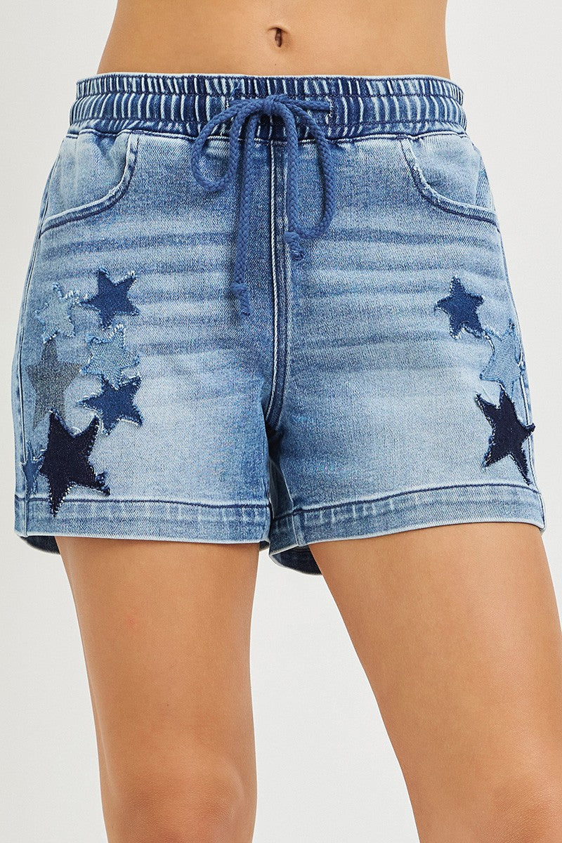 Risen elastic band slouchy denim shorts with star patch details, casual summer shorts for a relaxed, trendy look