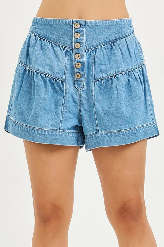 Trendsi RISEN elastic band slouchy shorts with shirred detail, soft fabric, and relaxed fit for casual wear.