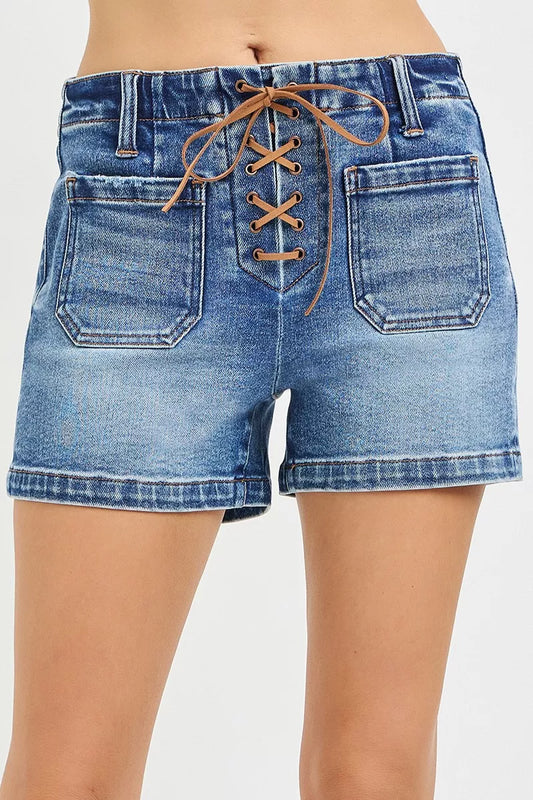 RISEN high-rise front tie-up shorts with patch pockets, casual denim style, trendy summer shorts from Trendsi.