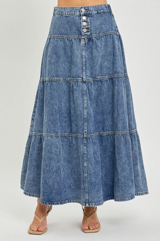 Risen high rise ruffle long skirt in soft fabric, featuring a flowy design with ruffled details, perfect for stylish casual wear.