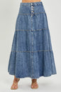 Risen high rise ruffle long skirt in soft fabric, featuring a flowy design with ruffled details, perfect for stylish casual wear.