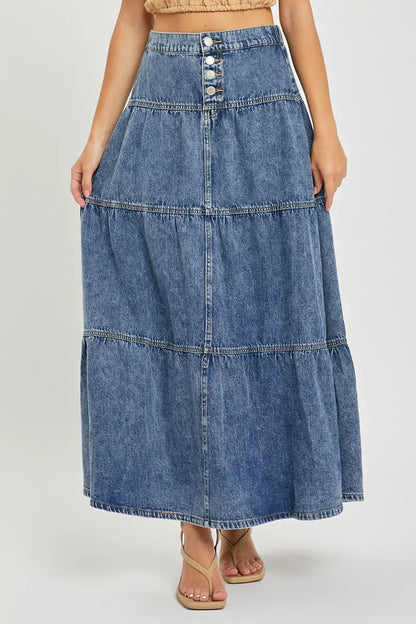 Risen high-rise ruffle long skirt from Trendsi, featuring flowing fabric and elegant ruffle details, perfect for stylish outfits.