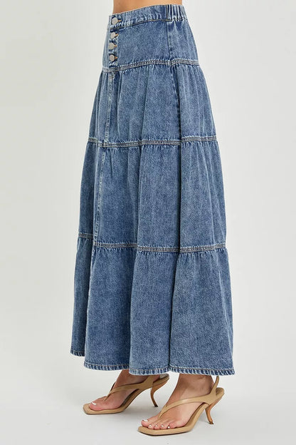 Risen high-rise ruffle long skirt by Trendsi, featuring flowing fabric, ruffle details, and a stylish long silhouette.