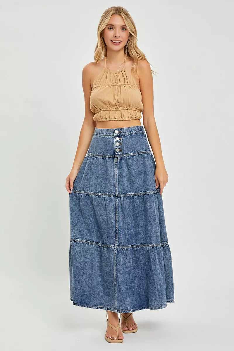 Risen high-rise ruffle long skirt from Trendsi featuring flowing fabric and stylish ruffle details.