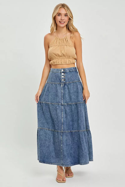 Risen high-rise ruffle long skirt from Trendsi featuring flowing fabric and stylish ruffle details.
