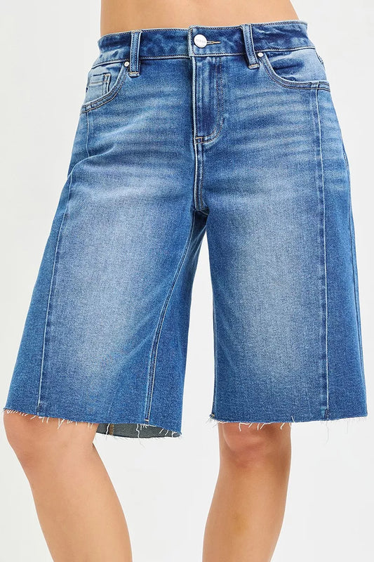 Women's RISEN Raw Hem Slouchy Seamed Jorts by Trendsi, featuring distressed raw hem, relaxed fit, and seamed detailing.