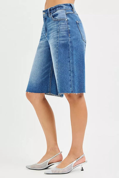 Trendsi RISEN raw hem slouchy seamed jorts featuring a relaxed fit and distressed detailing, perfect for casual summer wear.