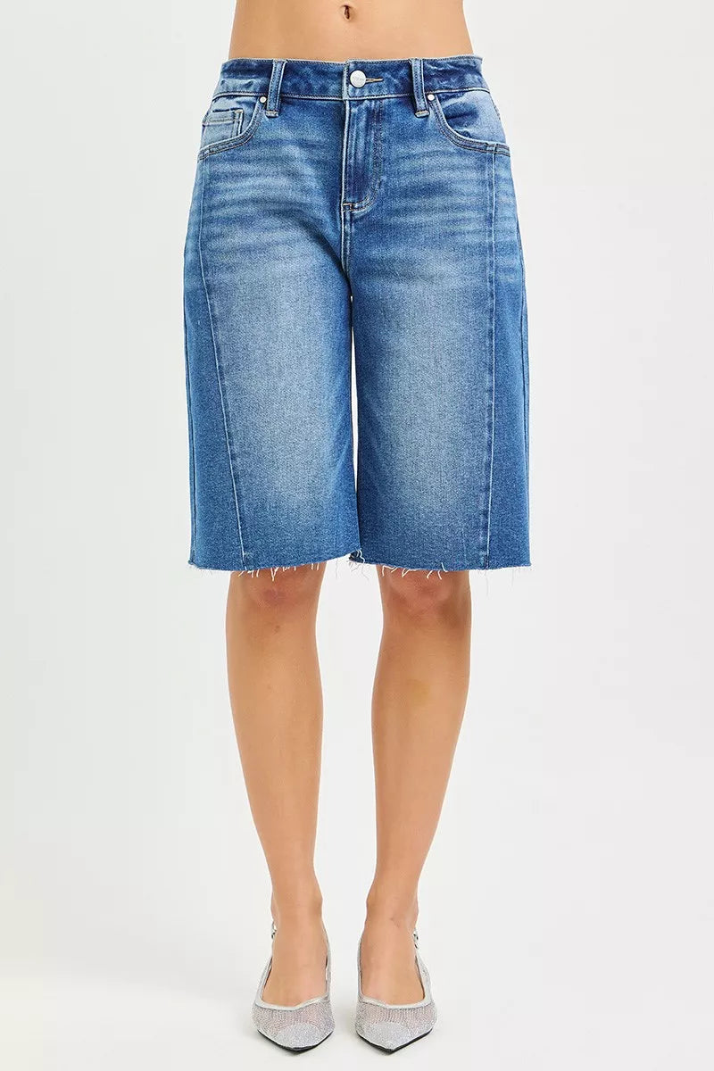 Trendsi RISEN Raw Hem Slouchy Seamed Jorts denim shorts with distressed raw hem and relaxed fit, casual summer style.