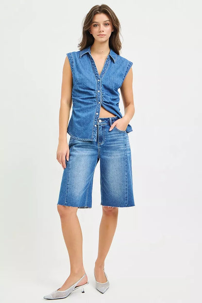 Light blue RISEN Raw Hem Slouchy Seamed Jorts by Trendsi, showing relaxed fit, distressed raw hem, and seamed detailing.