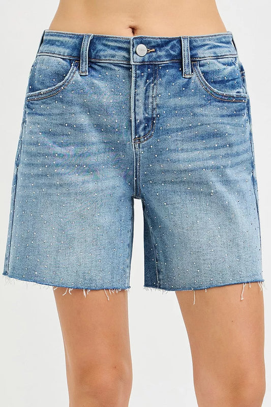 Risen slouchy mid-length shorts with all-over rhinestones, trendy and casual fashion by Trendsi, shown in a relaxed fit style.