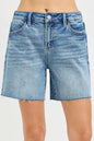 Risen slouchy mid-length shorts with all-over rhinestones, trendy and casual fashion by Trendsi, shown in a relaxed fit style.