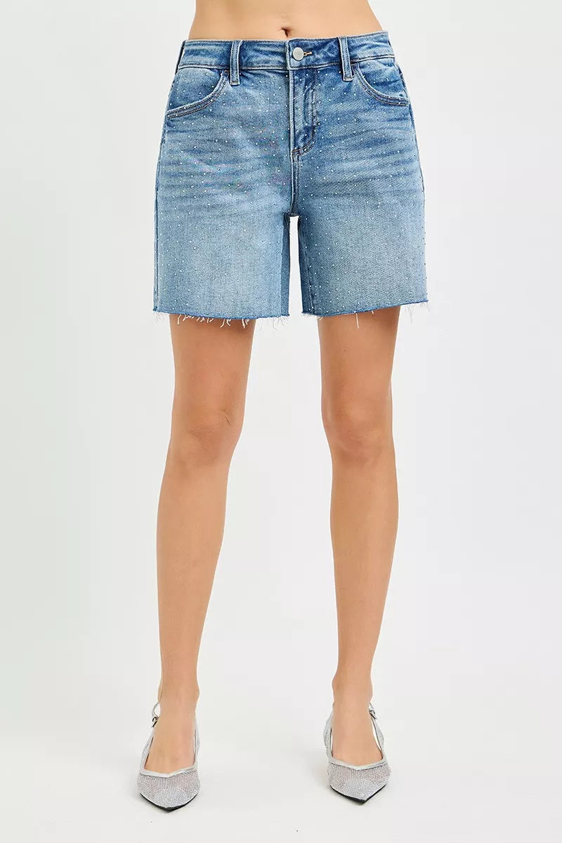 RISEN slouchy mid-length shorts with all-over rhinestones, stylish trendy shorts for a glamorous casual look.