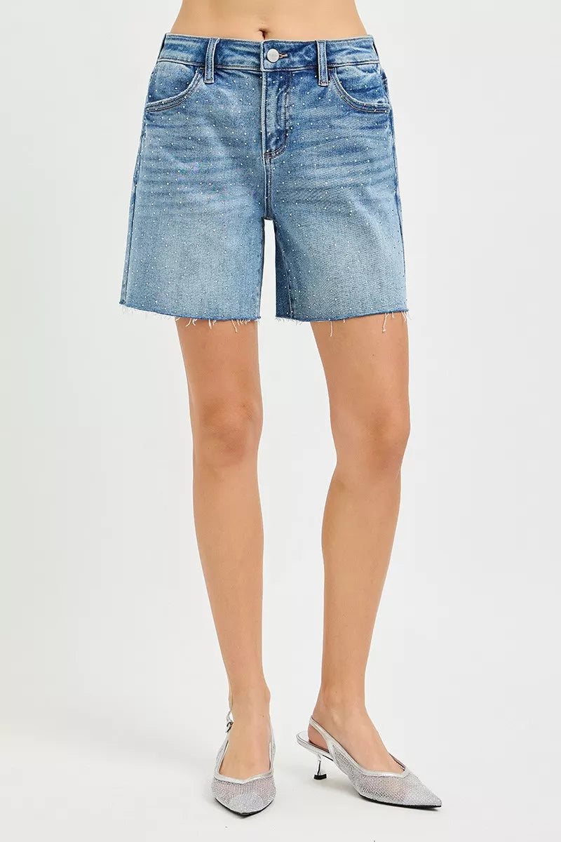RISEN slouchy mid-length shorts with all-over rhinestones, stylish and sparkly Trendsi fashion for a trendy look.