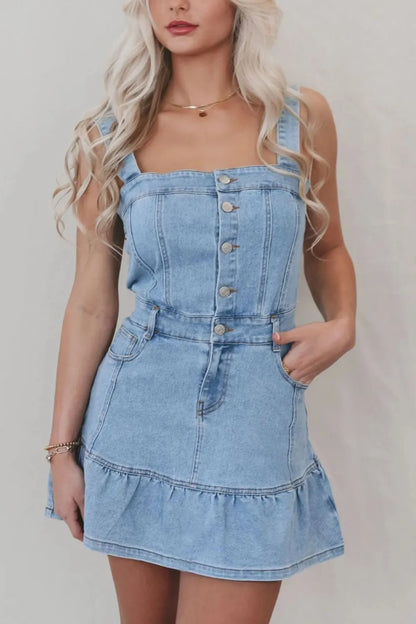 Denim dress with ruffled hem, button front, and square neckline by Trendsi, displayed on a hanger with a plain background.
