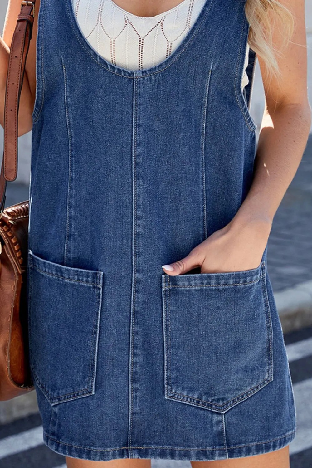 Light blue scoop neck denim overall dress with pockets, casual style, from Trendsi.