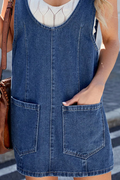 Light blue scoop neck denim overall dress with pockets, casual style, from Trendsi.