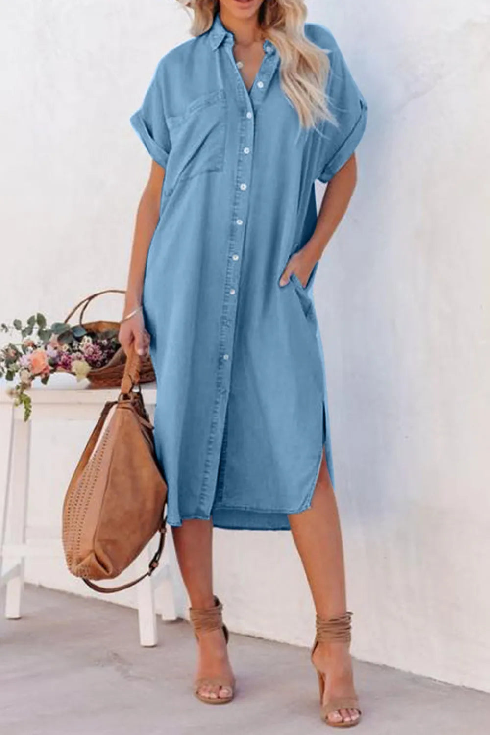 Imitation denim button-up short sleeve dress with a slit, styled casually, from Trendsi.