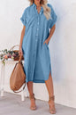 Imitation denim button-up short sleeve dress with a slit, styled casually, from Trendsi.